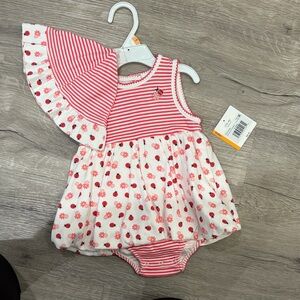 Pink and White Striped Baby Dress with Floral Lady Bug Pattern